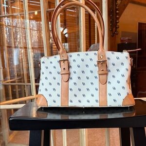 Dooney & Bourke Monogrammed White and Tan Satchel